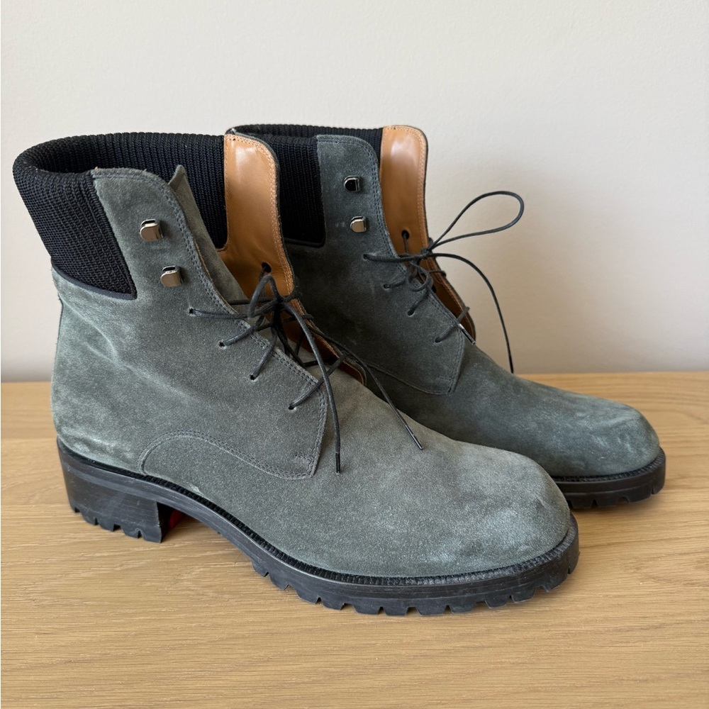 Christian Louboutin Gray Suede Lace-Up Ankle Boots with Red Tread